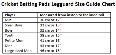 Batting Pads Size Chart