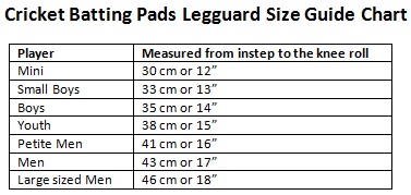 Cricket Batting Pads Size Chart